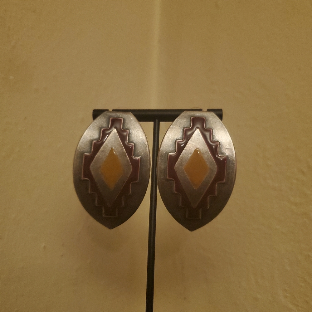 Vintage Aztec/Mayan Blur Ornate Metal Earrings. Amber tone and vintage red